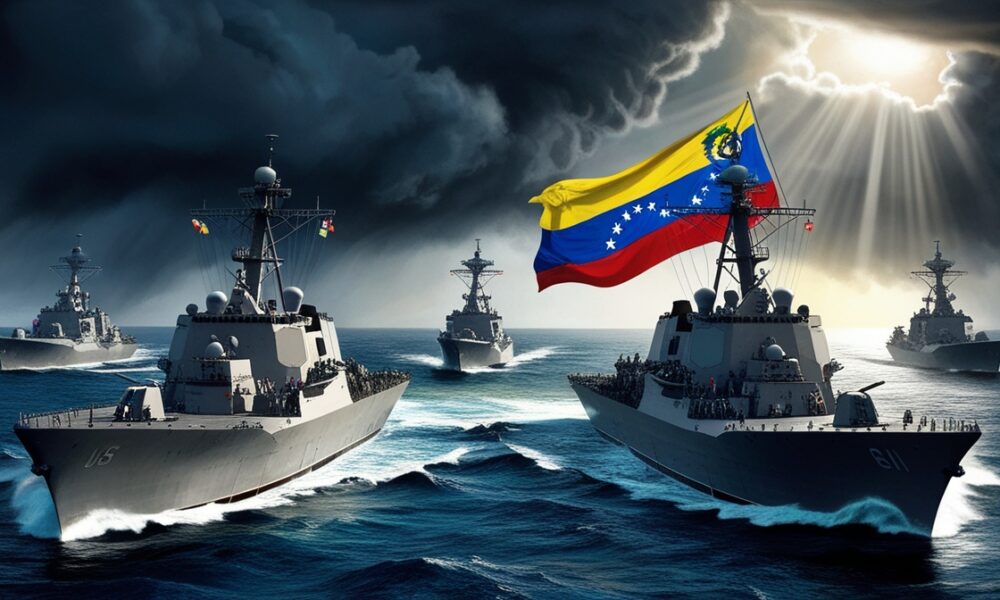 Ilustrasi editorial Venezuela terjebak dalam absurditas politik, rakyat menghadapi krisis ekonomi dan tekanan internasional.
