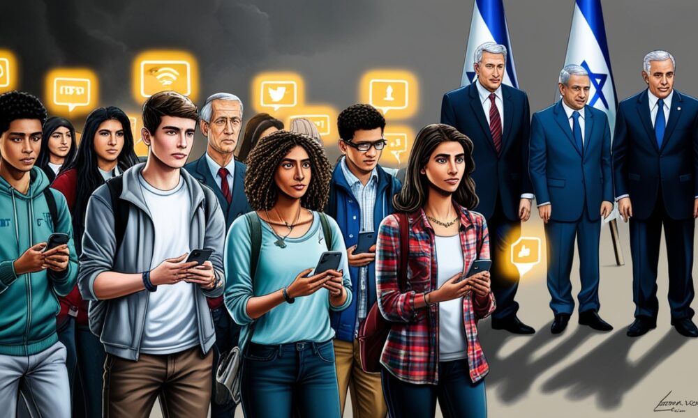 Young American students with smartphones showing solidarity for Palestinians, contrasted with older politicians standing beside Israeli flags, symbolizing a generational divide.