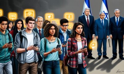 Young American students with smartphones showing solidarity for Palestinians, contrasted with older politicians standing beside Israeli flags, symbolizing a generational divide.