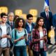 Young American students with smartphones showing solidarity for Palestinians, contrasted with older politicians standing beside Israeli flags, symbolizing a generational divide.