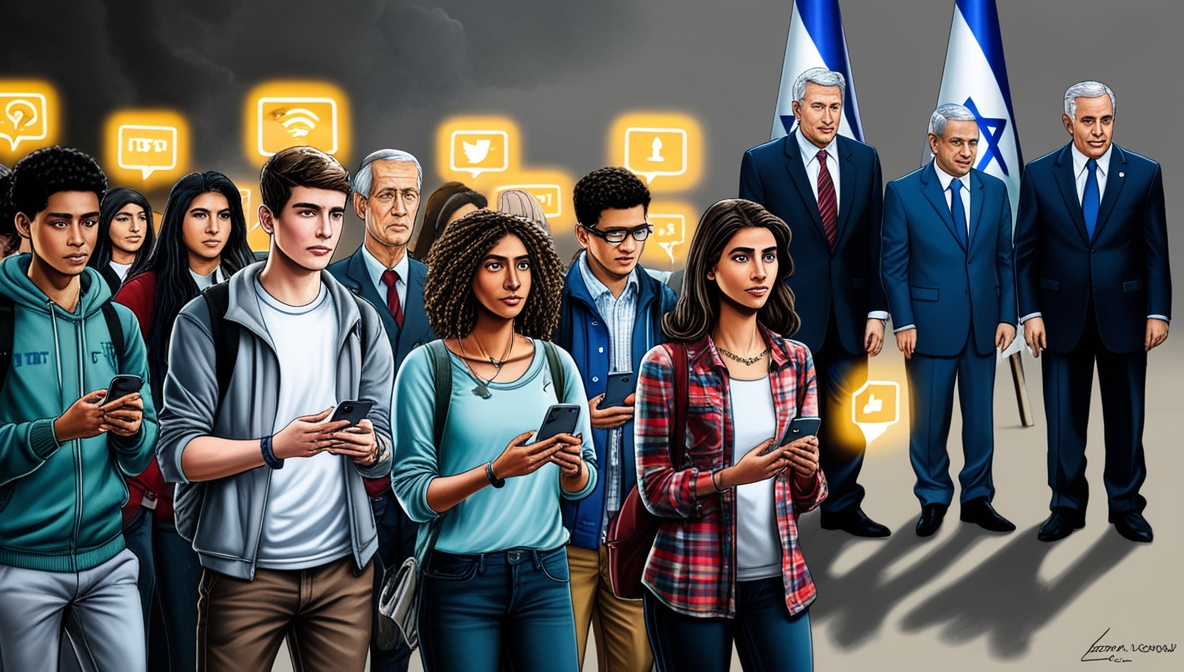 Young American students with smartphones showing solidarity for Palestinians, contrasted with older politicians standing beside Israeli flags, symbolizing a generational divide.
