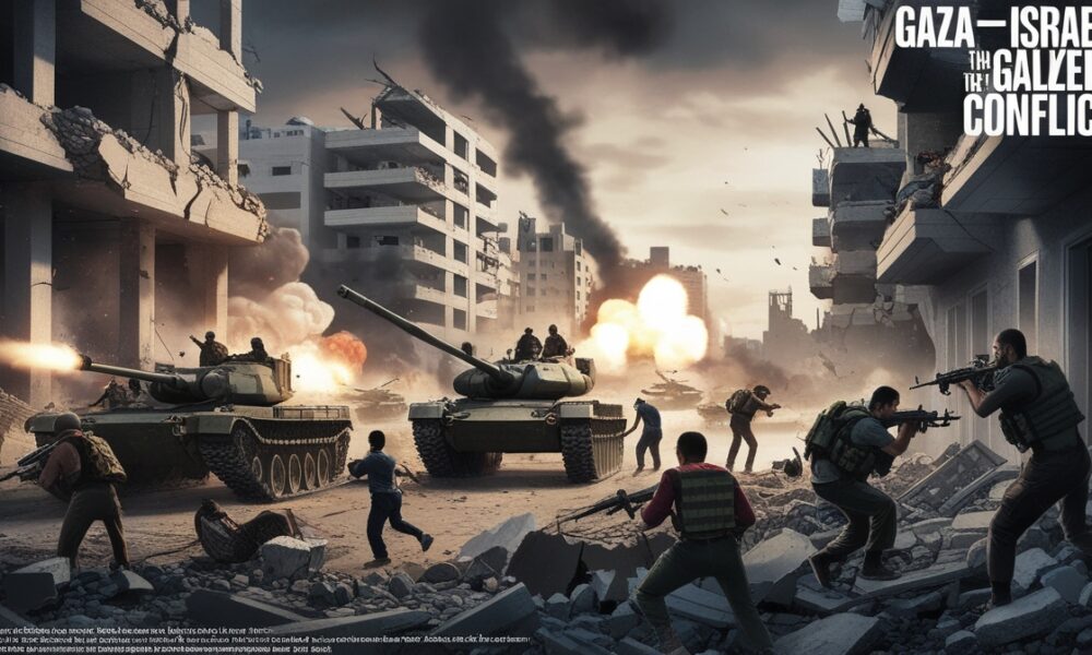Ilustrasi editorial konflik Gaza, simbol Hamas yang dianggap berada di atas angin melawan kekuatan militer zionis.