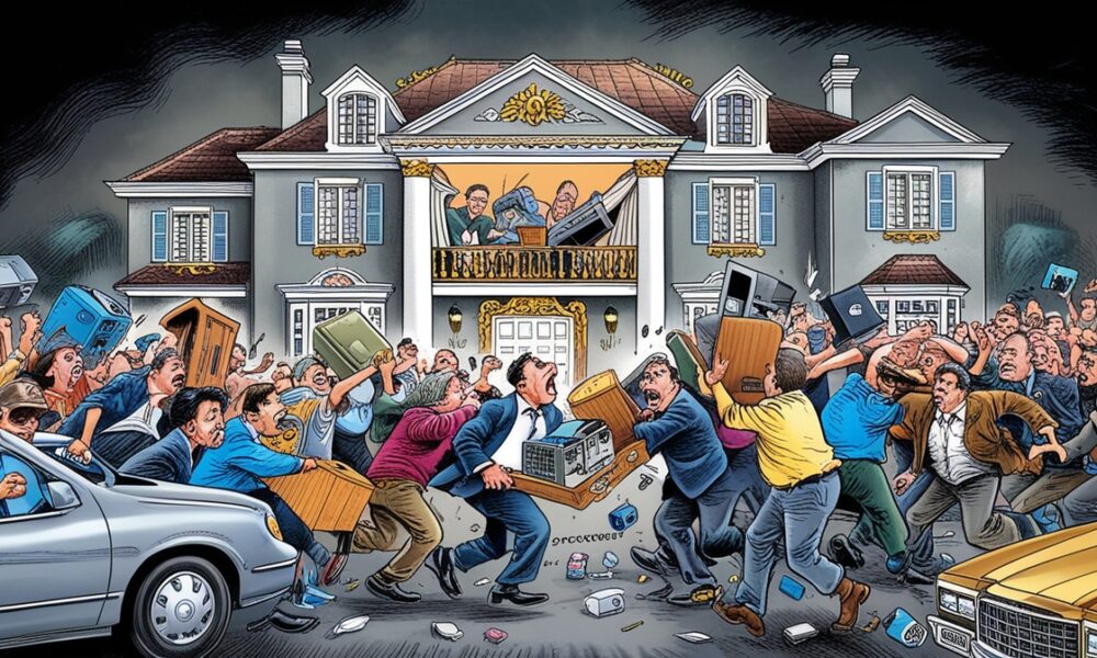 Ilustrasi editorial warga marah menjarah rumah mewah milik pejabat korup, membawa keluar barang-barang dan isi rumah sebagai simbol hukuman rakyat terhadap penguasa yang lalai menghukum anggotanya.