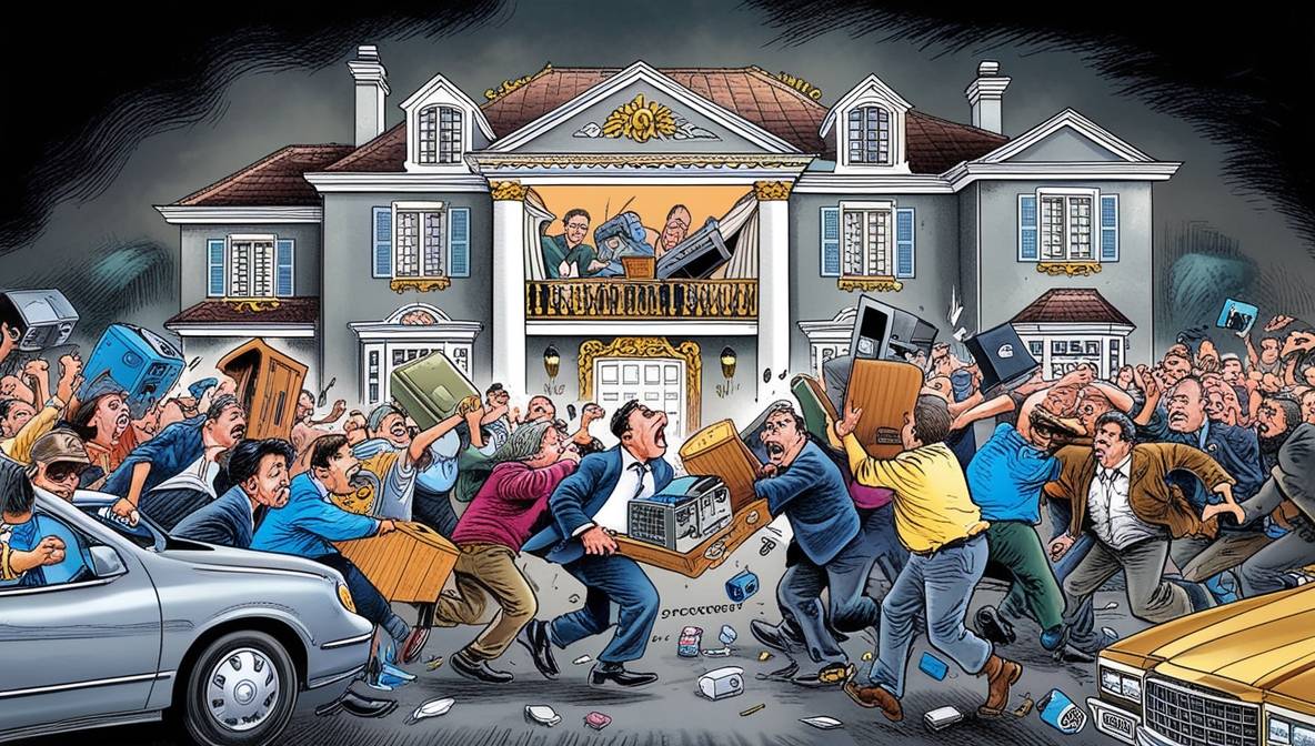 Ilustrasi editorial warga marah menjarah rumah mewah milik pejabat korup, membawa keluar barang-barang dan isi rumah sebagai simbol hukuman rakyat terhadap penguasa yang lalai menghukum anggotanya.