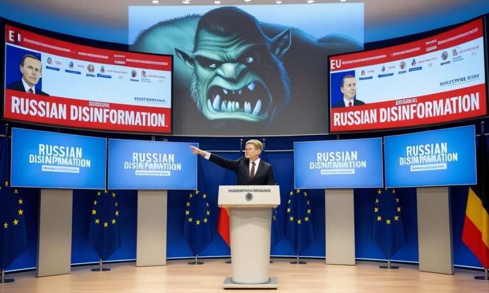 A German politician at a press conference points to a screen labeled “Russian Disinformation,” surrounded by large TV screens broadcasting identical anti-Russia news, while a projected ogre shadow behind him is revealed to come from his own projector.