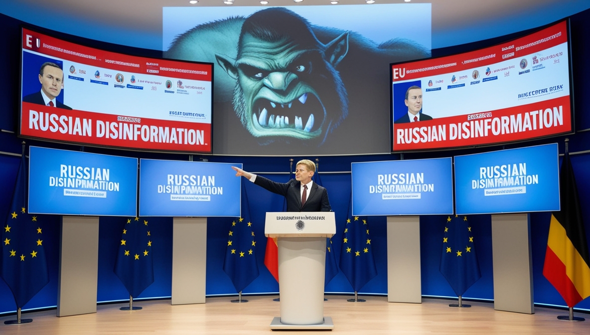 A German politician at a press conference points to a screen labeled “Russian Disinformation,” surrounded by large TV screens broadcasting identical anti-Russia news, while a projected ogre shadow behind him is revealed to come from his own projector.