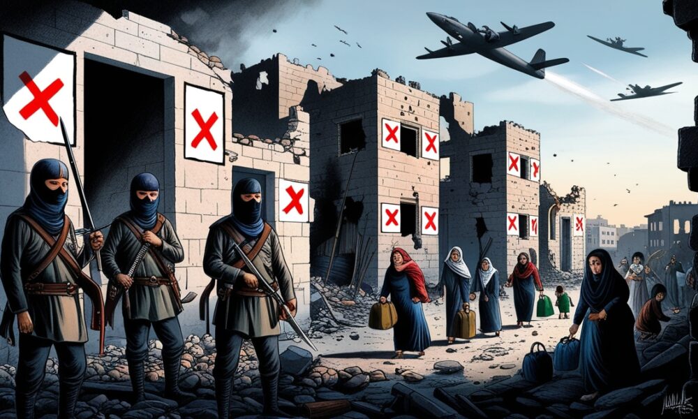 Ilustrasi editorial yang menampilkan Suriah sebagai negeri yang berubah dari pusat resistensi menjadi arena konflik sektarian dan serangan zionis.