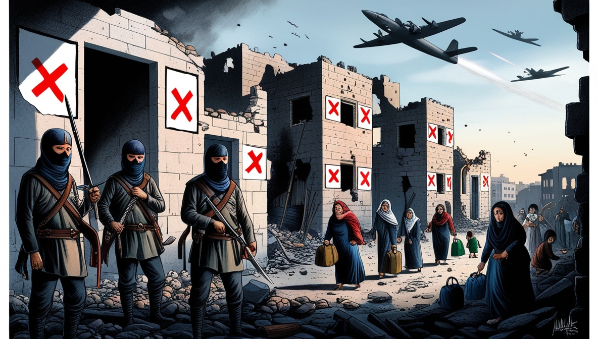 Ilustrasi editorial yang menampilkan Suriah sebagai negeri yang berubah dari pusat resistensi menjadi arena konflik sektarian dan serangan zionis.