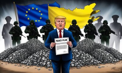 Donald Trump menawarkan “rencana damai” sambil diapit tentara bayaran dan tumpukan mineral langka, dengan bendera Ukraina terkoyak di antara simbol Rusia dan Uni Eropa.