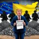 Donald Trump menawarkan “rencana damai” sambil diapit tentara bayaran dan tumpukan mineral langka, dengan bendera Ukraina terkoyak di antara simbol Rusia dan Uni Eropa.