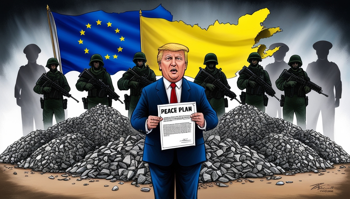 Donald Trump menawarkan “rencana damai” sambil diapit tentara bayaran dan tumpukan mineral langka, dengan bendera Ukraina terkoyak di antara simbol Rusia dan Uni Eropa.