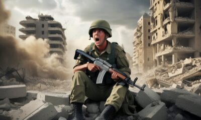 Ilustrasi editorial yang menggambarkan tentara Israel saling menembak di Gaza, menyoroti kekacauan internal militer dalam perang.