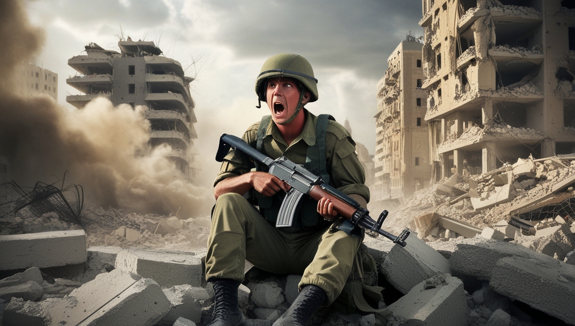Ilustrasi editorial yang menggambarkan tentara Israel saling menembak di Gaza, menyoroti kekacauan internal militer dalam perang.