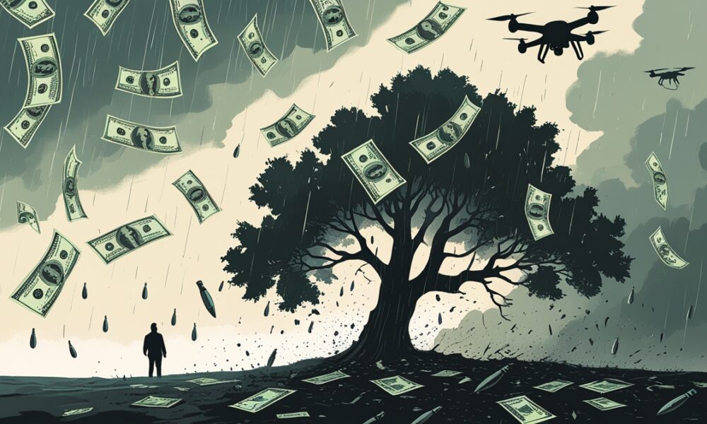 Illustration of US dollar bills falling like rain, turning into bullets as they hit Lebanon’s ground, with a cedar tree bending under the storm and drones looming in the background.