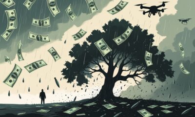 Illustration of US dollar bills falling like rain, turning into bullets as they hit Lebanon’s ground, with a cedar tree bending under the storm and drones looming in the background.