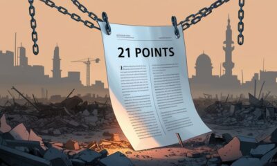 Ilustrasi editorial kota Gaza yang hancur dengan dokumen 21 poin terbelenggu rantai, menggambarkan agenda tersembunyi di balik proposal damai.