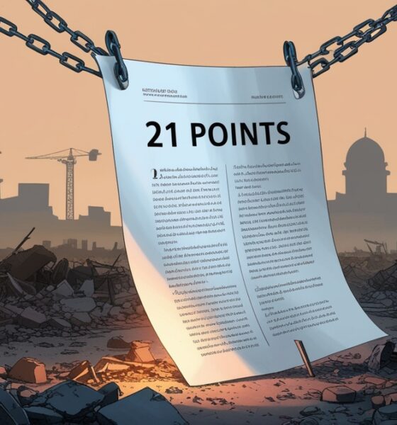 Ilustrasi editorial kota Gaza yang hancur dengan dokumen 21 poin terbelenggu rantai, menggambarkan agenda tersembunyi di balik proposal damai.