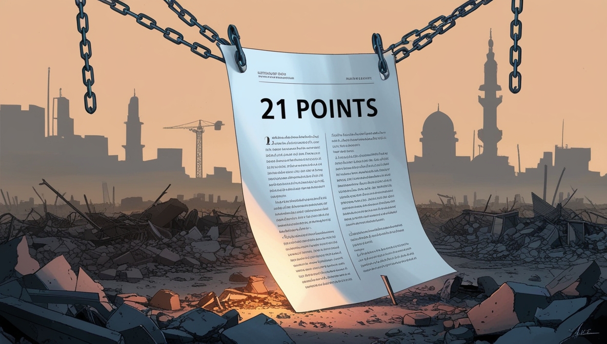 Ilustrasi editorial kota Gaza yang hancur dengan dokumen 21 poin terbelenggu rantai, menggambarkan agenda tersembunyi di balik proposal damai.