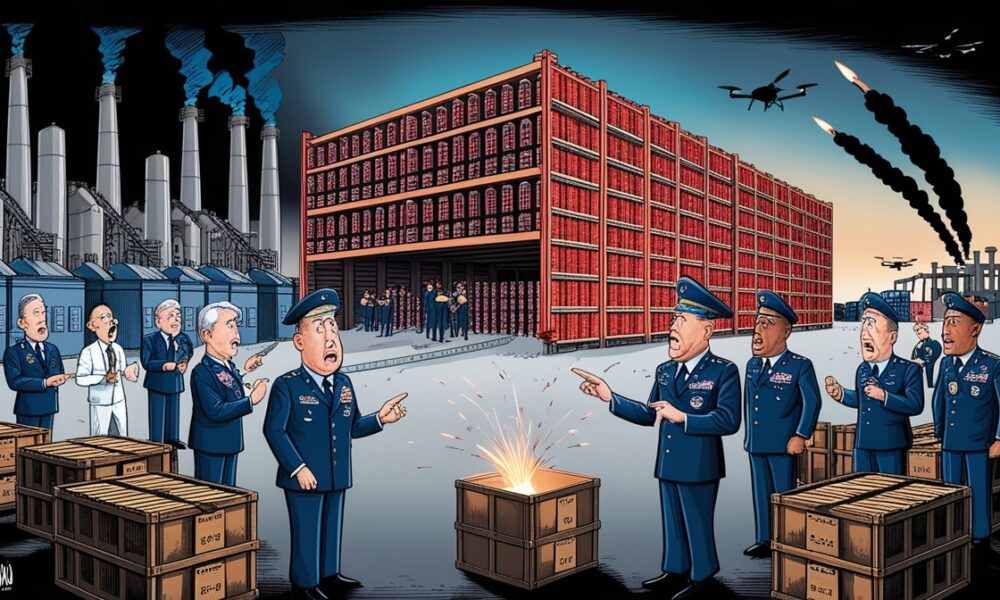 Gudang rudal AS hampir kosong, jenderal panik, pabrik produksi meningkat cepat, latar belakang rudal dan drone terbang dari Timur Tengah.