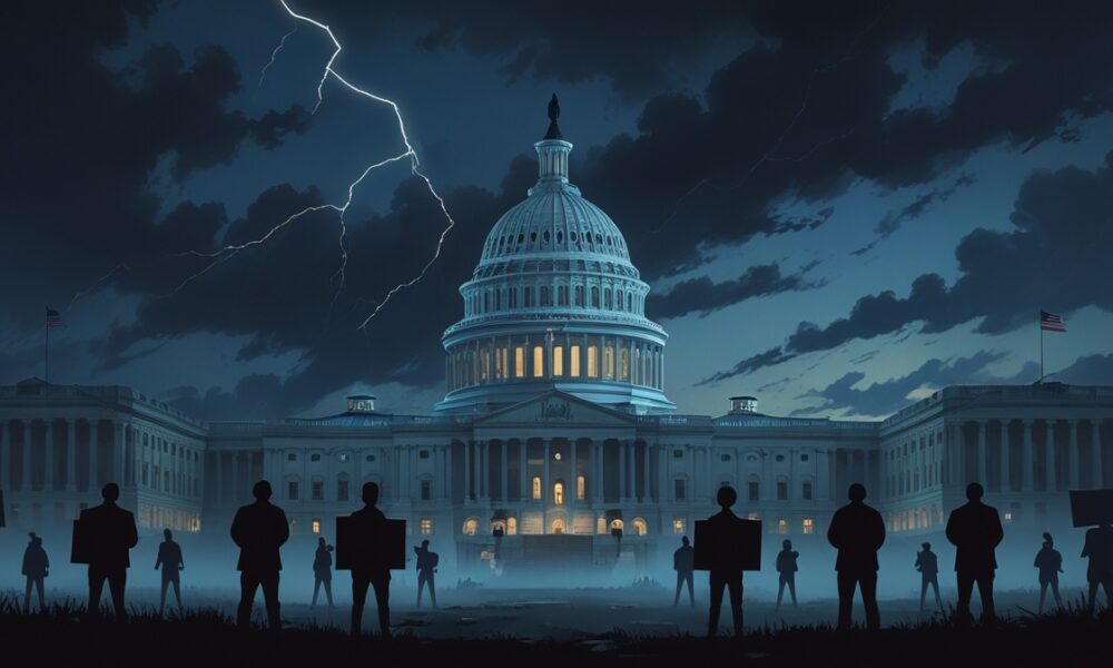 Ilustrasi editorial krisis politik AS dengan Capitol retak dan langit badai.