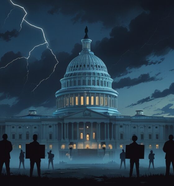 Ilustrasi editorial krisis politik AS dengan Capitol retak dan langit badai.