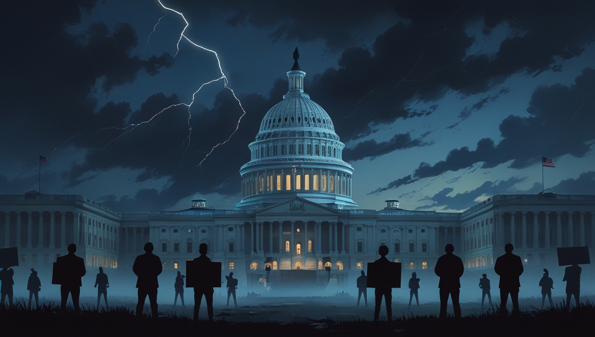 Ilustrasi editorial krisis politik AS dengan Capitol retak dan langit badai.