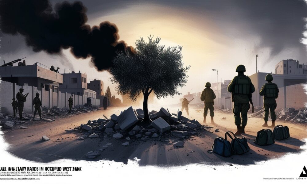 Ilustrasi editorial dramatis yang menampilkan asap dan puing rumah Palestina dengan pohon zaitun berdiri tegak sebagai simbol keteguhan.