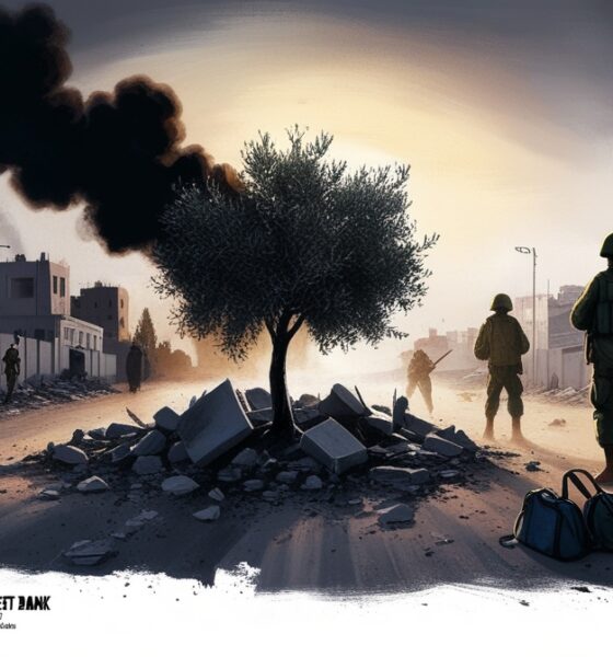 Ilustrasi editorial dramatis yang menampilkan asap dan puing rumah Palestina dengan pohon zaitun berdiri tegak sebagai simbol keteguhan.