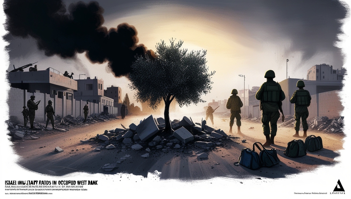 Ilustrasi editorial dramatis yang menampilkan asap dan puing rumah Palestina dengan pohon zaitun berdiri tegak sebagai simbol keteguhan.