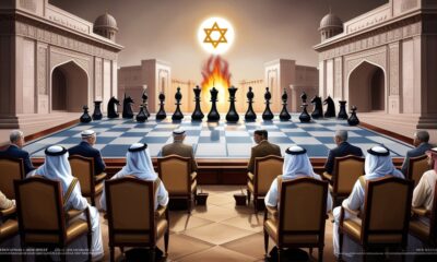 “Ilustrasi editorial Arab Summit dengan latar megah, delegasi Arab menunduk, bayangan Yaman terbakar di belakang, simbol Israel samar di atas.