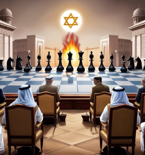 “Ilustrasi editorial Arab Summit dengan latar megah, delegasi Arab menunduk, bayangan Yaman terbakar di belakang, simbol Israel samar di atas.