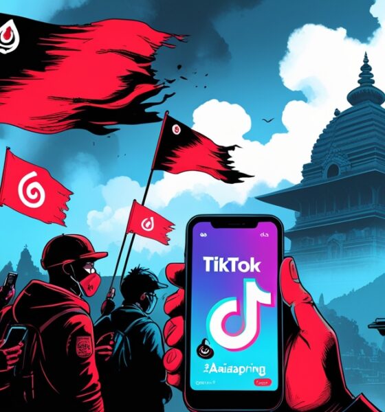 Gen Z Revolution: Protesters in Indonesia and Nepal with One Piece flags, phones showing TikTok/Discord, against smoky DPRD and Singha Durbar in Asia Spring 2025.