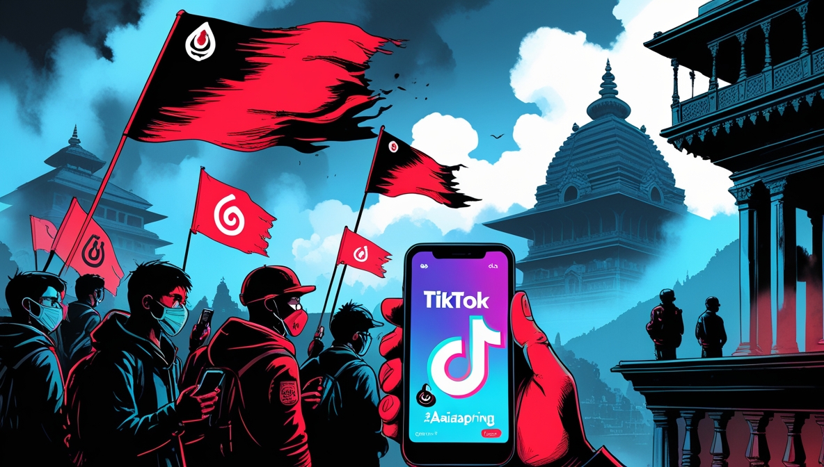 Gen Z Revolution: Protesters in Indonesia and Nepal with One Piece flags, phones showing TikTok/Discord, against smoky DPRD and Singha Durbar in Asia Spring 2025.