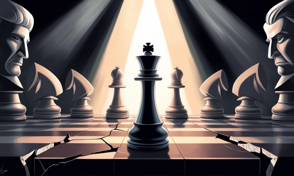 Ilustrasi editorial papan catur simbolik: Iran sebagai bidak kuat menghadapi AS dan Eropa, menggambarkan ketegangan diplomasi dan tekanan sanksi snapback.”