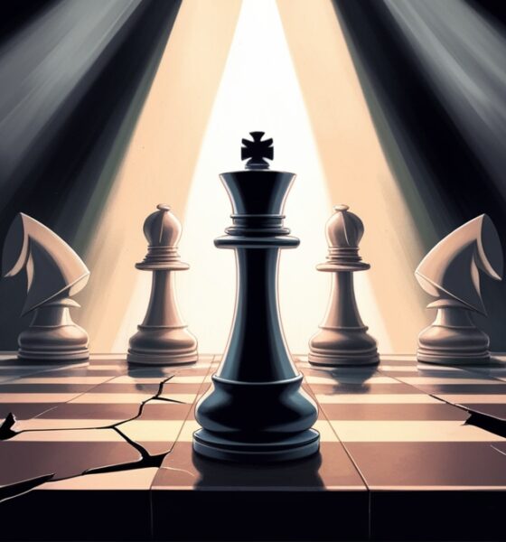 Ilustrasi editorial papan catur simbolik: Iran sebagai bidak kuat menghadapi AS dan Eropa, menggambarkan ketegangan diplomasi dan tekanan sanksi snapback.”
