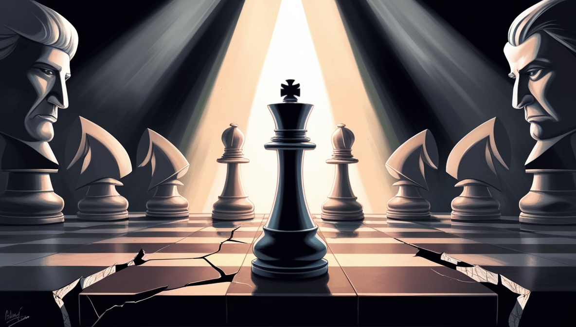 Ilustrasi editorial papan catur simbolik: Iran sebagai bidak kuat menghadapi AS dan Eropa, menggambarkan ketegangan diplomasi dan tekanan sanksi snapback.”
