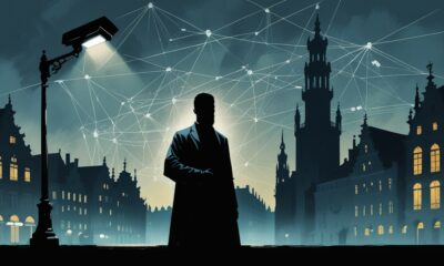 Ilustrasi editorial aktivis di bawah lampu jalan Antwerp dengan bayangan jaringan keamanan mengancam, melambangkan perjuangan melawan pembungkaman.