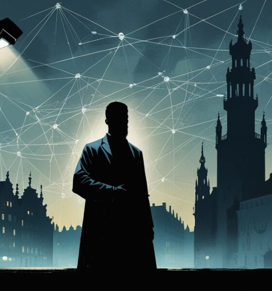 Ilustrasi editorial aktivis di bawah lampu jalan Antwerp dengan bayangan jaringan keamanan mengancam, melambangkan perjuangan melawan pembungkaman.