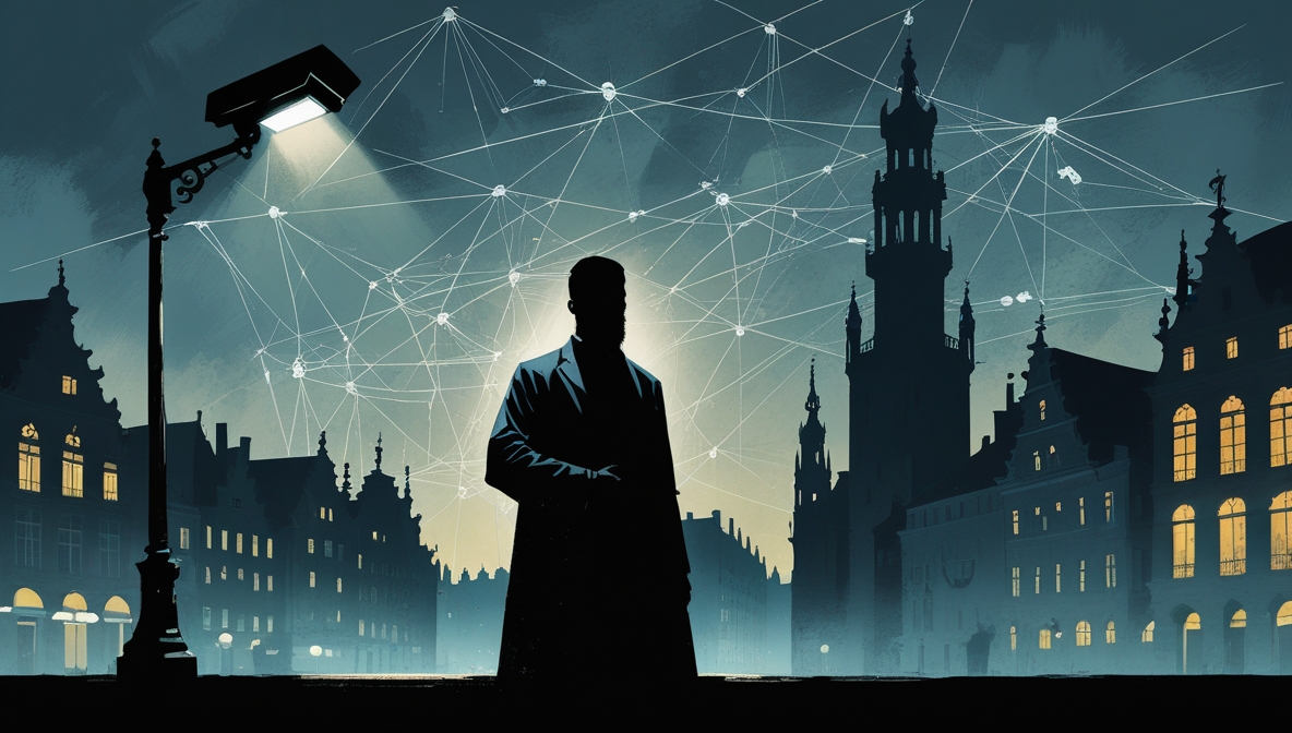 Ilustrasi editorial aktivis di bawah lampu jalan Antwerp dengan bayangan jaringan keamanan mengancam, melambangkan perjuangan melawan pembungkaman.