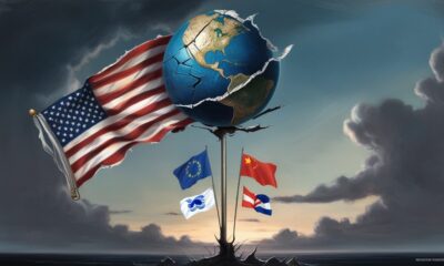 Ilustrasi editorial menggambarkan bola dunia retak di atas tiang bendera Amerika yang memudar, dikelilingi bendera negara lain yang muncul dari cakrawala, menandakan perubahan tatanan dunia.