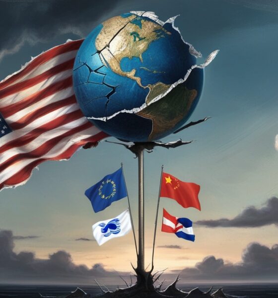 Ilustrasi editorial menggambarkan bola dunia retak di atas tiang bendera Amerika yang memudar, dikelilingi bendera negara lain yang muncul dari cakrawala, menandakan perubahan tatanan dunia.