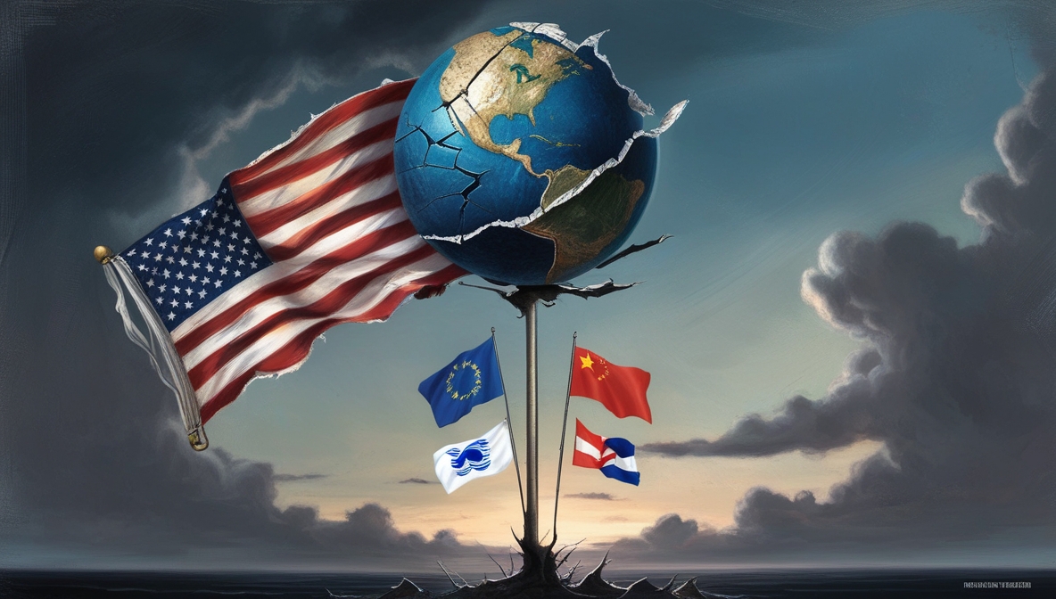 Ilustrasi editorial menggambarkan bola dunia retak di atas tiang bendera Amerika yang memudar, dikelilingi bendera negara lain yang muncul dari cakrawala, menandakan perubahan tatanan dunia.