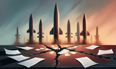 Ilustrasi editorial meja perundingan yang retak di tengah, kertas-kertas beterbangan, dengan siluet rudal menjulang di latar belakang, menandakan kegagalan diplomasi dan ancaman perang kedua Israel–Iran.