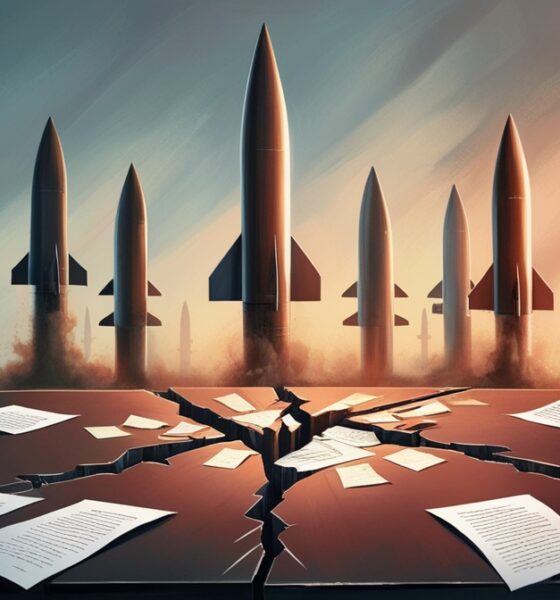 Ilustrasi editorial meja perundingan yang retak di tengah, kertas-kertas beterbangan, dengan siluet rudal menjulang di latar belakang, menandakan kegagalan diplomasi dan ancaman perang kedua Israel–Iran.