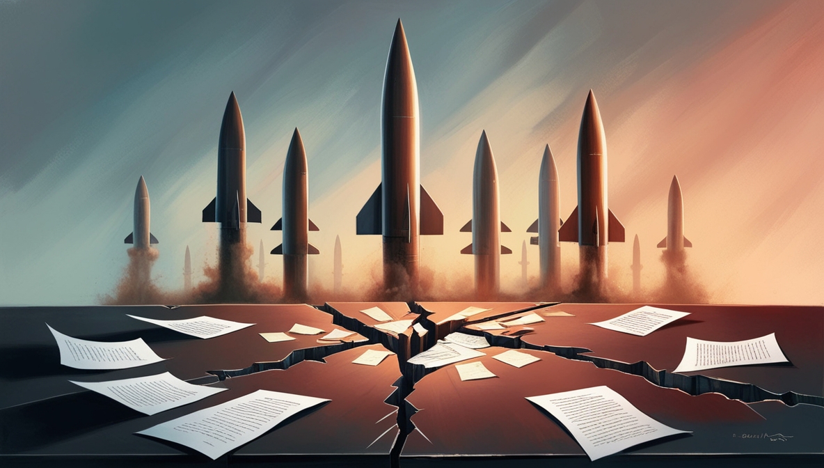 Ilustrasi editorial meja perundingan yang retak di tengah, kertas-kertas beterbangan, dengan siluet rudal menjulang di latar belakang, menandakan kegagalan diplomasi dan ancaman perang kedua Israel–Iran.