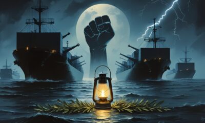 Lentera tunggal menyala di laut badai, kapal-kapal kargo raksasa berbayang dengan jangkar berbalut ranting zaitun, merpati dan bulan sabit samar di langit, kilat membentuk kepalan tangan.