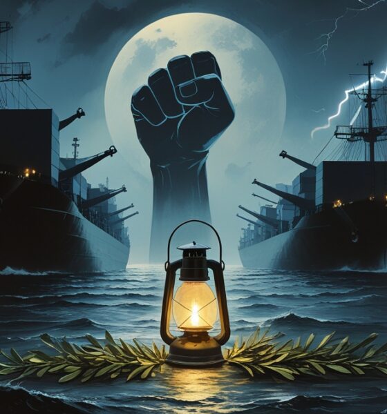 Lentera tunggal menyala di laut badai, kapal-kapal kargo raksasa berbayang dengan jangkar berbalut ranting zaitun, merpati dan bulan sabit samar di langit, kilat membentuk kepalan tangan.