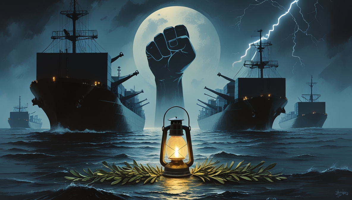 Lentera tunggal menyala di laut badai, kapal-kapal kargo raksasa berbayang dengan jangkar berbalut ranting zaitun, merpati dan bulan sabit samar di langit, kilat membentuk kepalan tangan.