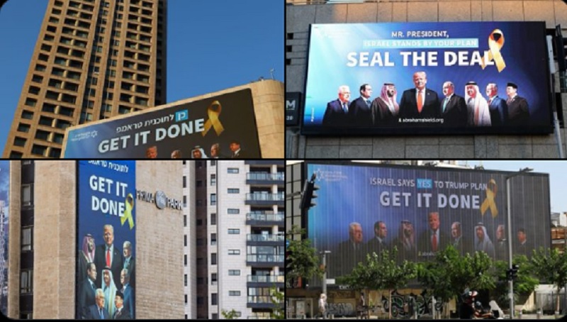Billboard di Tel Aviv menampilkan wajah Presiden Prabowo bersama Trump dan Netanyahu.