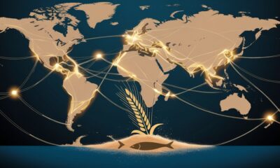 Ilustrasi editorial rantai pasokan pangan global yang terputus di sekitar wilayah Israel, menampilkan jalur dagang bercahaya yang pecah dan ikon gandum serta ikan yang memudar